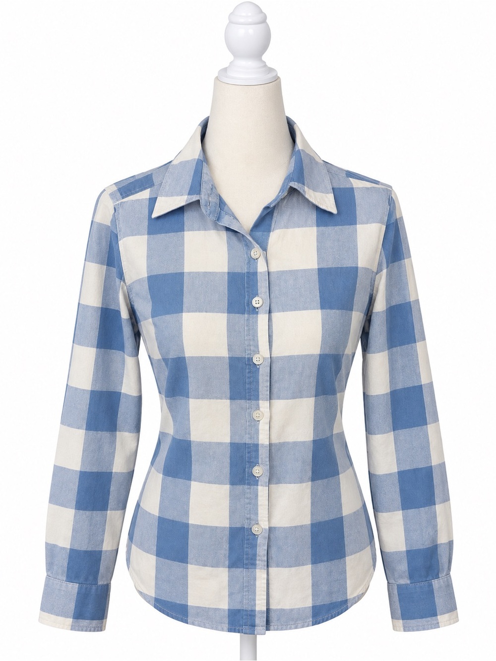 Norma Kamali Buffalo Plaid Button Down Shirt Women XS Blue White Coastal Cowgirl